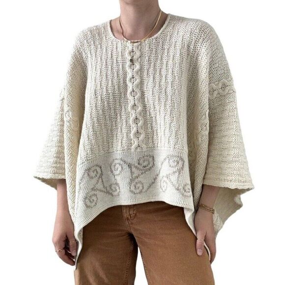 Connemara Knitwear White Merino Wool Celtic Irish Fisherman Cape Poncho - Picture 8 of 9